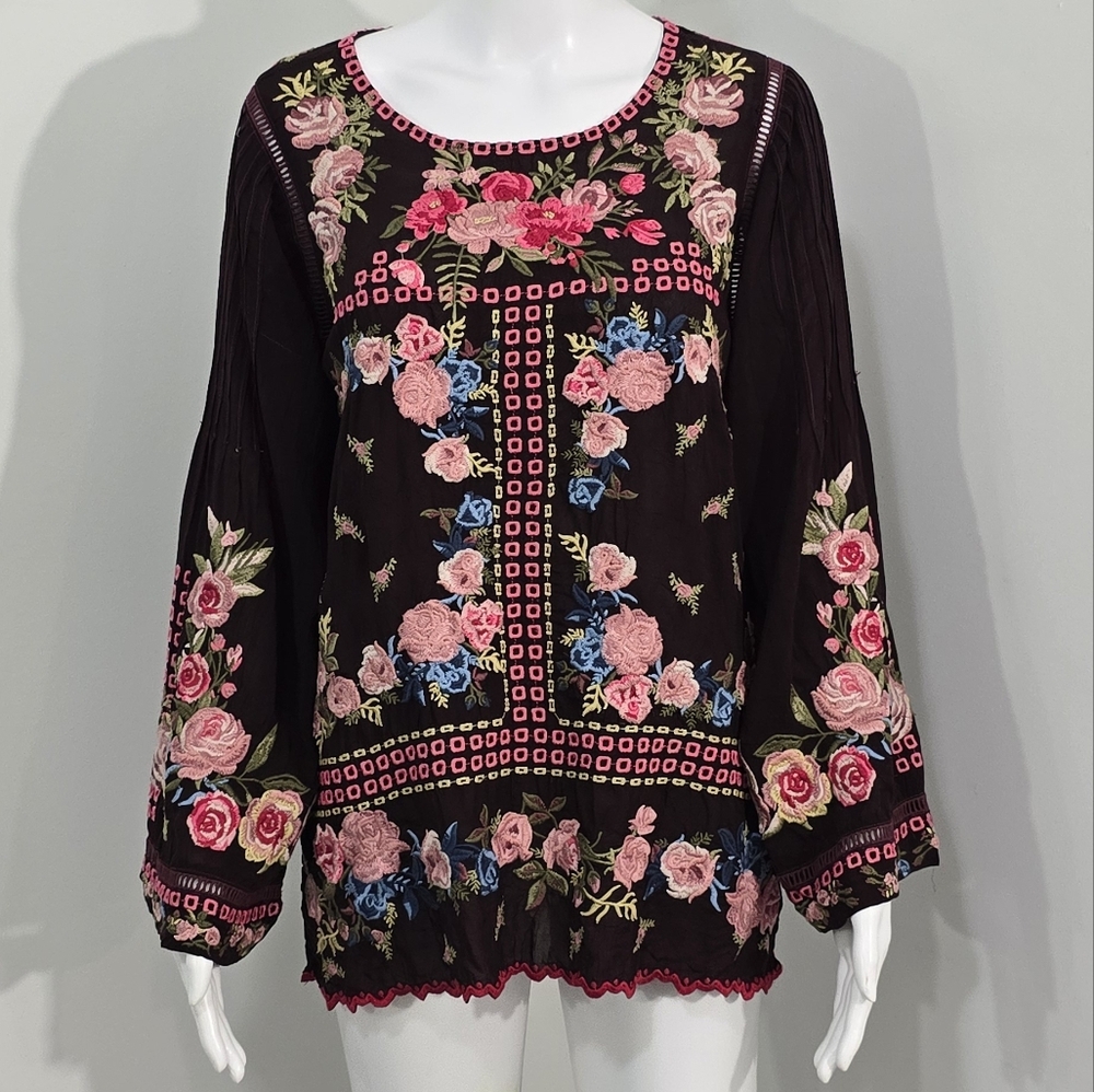 Johnny Was Black Floral Embroidered Blouse